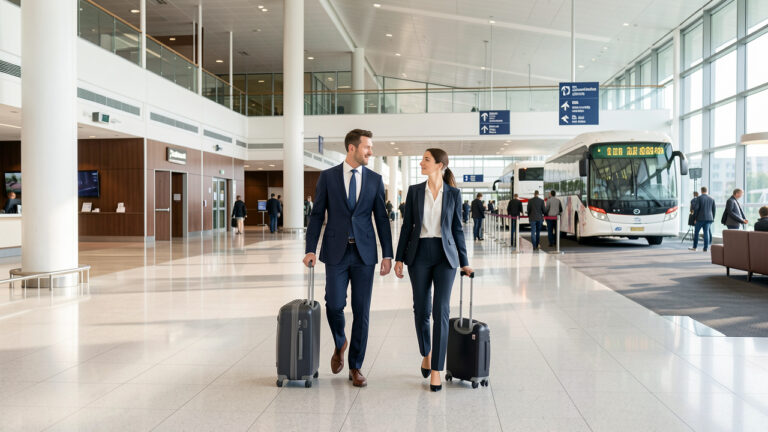 Un homme et une femme en tenue professionnelle avancent avec leurs bagages dans un terminal d’aéroport moderne et lumineux, près d’un espace de navettes pour un événement.