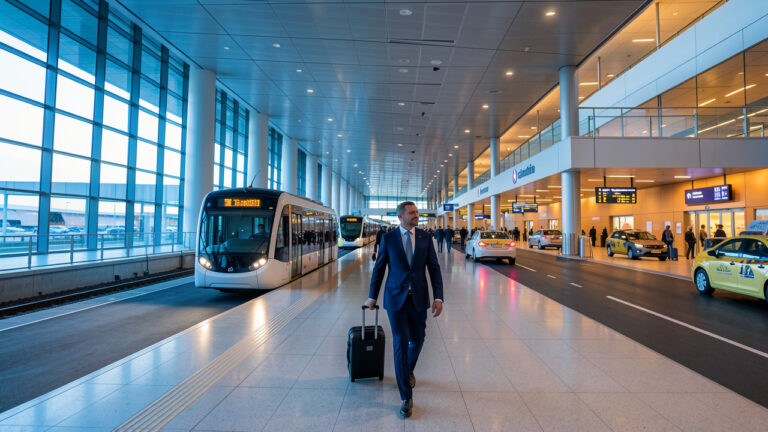 Terminal moderne d’un aéroport international présentant des connexions fluides entre train, navette électrique, taxis et hall des départs, avec un voyageur d’affaires en costume.