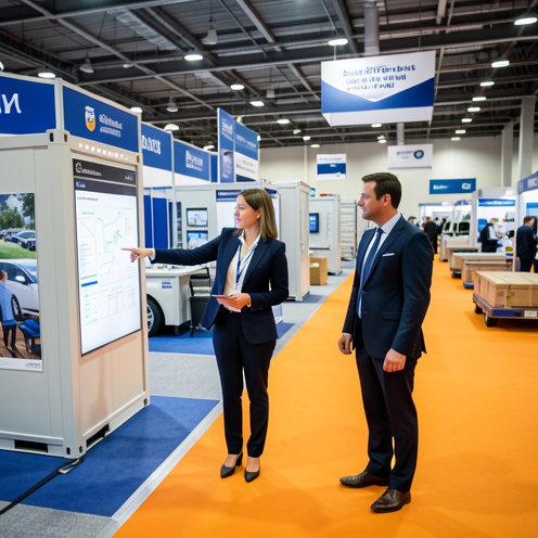 Deux professionnels de la logistique examinent ensemble l’organisation d’un salon professionnel près de stands modulaires et d’équipements de transport.
