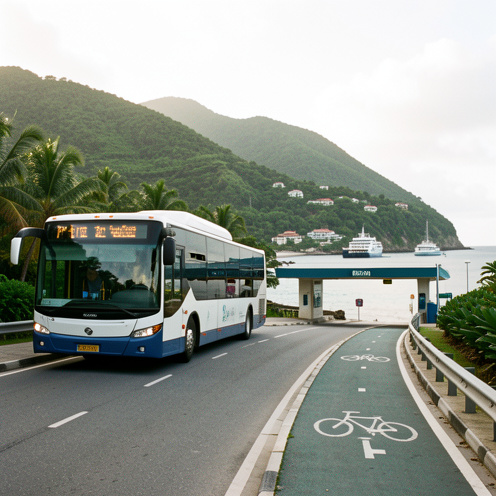 Bus de transport collectif circulant sur une route côtière de Martinique, avec un terminal maritime, une piste cyclable et un paysage tropical en arrière-plan.