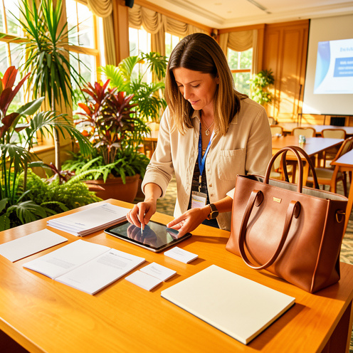 Une femme prépare son matériel professionnel sur une table dans un espace de conférence lumineux en Martinique.