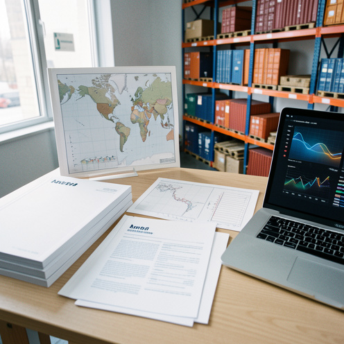 Bureau présentant des publications sans texte, une carte du monde, des éléments logistiques et des graphiques abstraits pour représenter la presse spécialisée de la chaîne d’approvisionnement.