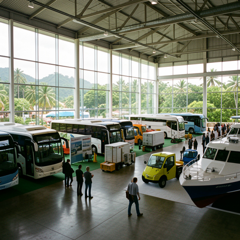 Salon professionnel des transports en Martinique présentant des bus, des véhicules utilitaires, du matériel logistique et une maquette de ferry dans un hall lumineux ouvert sur un paysage tropical.