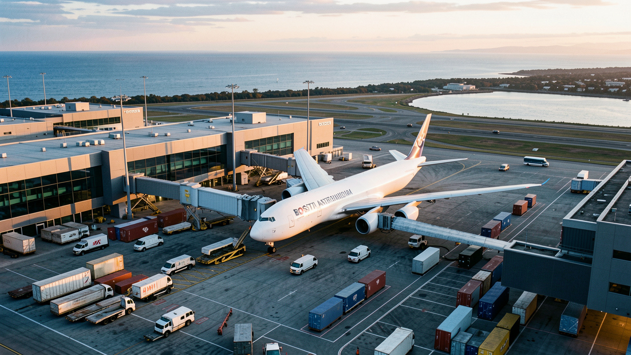 Vue aérienne d’un aéroport international de Boston au lever du jour, avec un avion cargo, des conteneurs et des véhicules de fret organisés autour des terminaux.