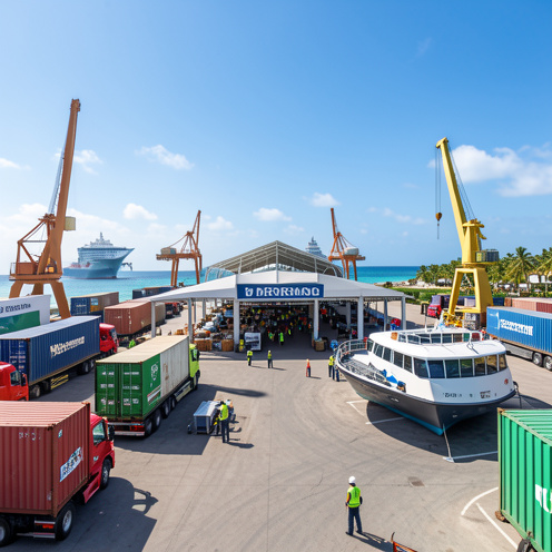 Scène d’exposition consacrée au transport et à la logistique en Martinique, avec camions, conteneurs, grues et ferry dans un environnement tropical.