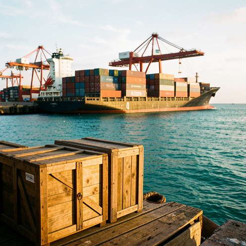 Scène portuaire caribéenne montrant des caisses anciennes près d’un navire porte-conteneurs moderne et de grues, illustrant l’évolution du transport et de la logistique.