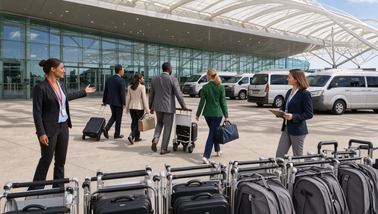 Deux coordinatrices orientent un groupe de voyageurs d’affaires vers des navettes devant un terminal d’aéroport international moderne.